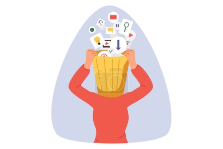 Garbage clogging woman brain, from multimedia icons above head with trash can. Concept of importance of meditation and brain cleansing to avoid burnout caused by overabundance of information