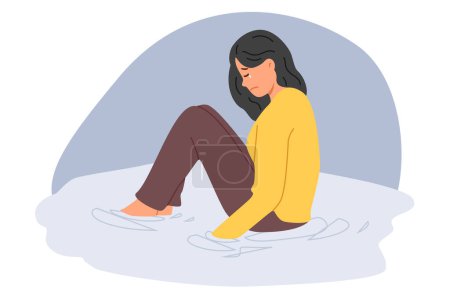 Illustration for Crying woman sits in puddle tears, suffering from depression after breaking up with boyfriend. Crying girl is experiencing nervous breakdown due to being fired and losing right to foreclose on house. - Royalty Free Image