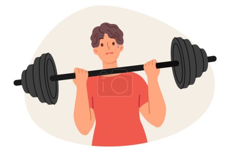 Illustration for Weak man is doing fitness, trying to lift barbell to pump up big muscles and improve immunity. Tired guy doing sports exercise in gym, needs help of fitness trainer to achieve desired result - Royalty Free Image