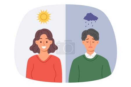 Influence of climate on human mood causes joy in woman during sunny weather or sadness in guy when it rains. People mood and behavior change after change of season and increase in production cartisol