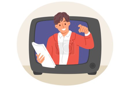 Illustration for Man TV show announcer looks out of retro TV and points finger at viewer, recommending to buy advertised product. News or evening television show host holds script papers and improvises live - Royalty Free Image