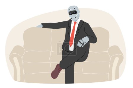 Cyborg dressed as businessman sits on sofa, for concept of replacing company management with robots. Cyborg in suit runs large corporation after enslaving people from sci-fi dystopia