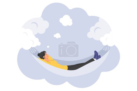 Woman sleeps in hammock suspended on clouds, having good dreams and filling herself with energy before new working day. Fantastic dream of girl flying in sky and enjoying wonderful dreams