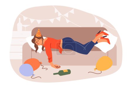 Drunk woman spins on sofa after birthday party, among scattered balloons and bottles. Consequences of party for girl who drank lot of alcohol and felt hangover, for concept of female drunkenness