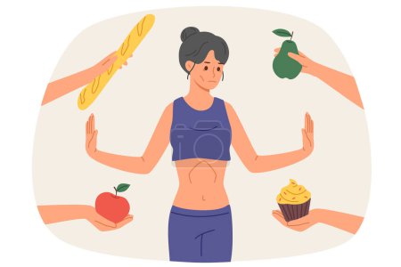 Woman with anorexia and dystrophy refuses to eat, standing among hands with fruits and pastries. Thin girl experiences food aversions due to anorexia caused by dieting for weight loss for too long.