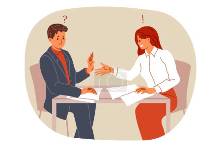 Refusal to conclude business deal from man sitting at table with woman partner, and not wanting to shake hands. Businessman interrupts signing contract and refuses to continue talking with manager