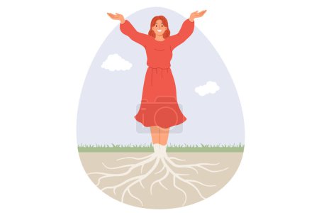 Illustration for Unity of humanity and nature, with happy woman connected with roots going underground. Cheerful girl stands under summer sky calling to take care of environment or be in solidarity with nature - Royalty Free Image