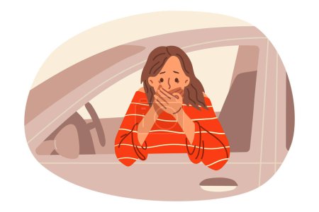 Woman driver suffers from nausea driving, leans out of car and covers mouth with hand. Girl driver who was poisoned during lunch feels dizzy and has symptoms foreshadowing vomiting.