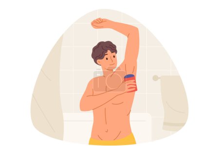 Man uses roll-on deodorant to get rid of sweat on armpits, standing in bathroom with torso naked. Guy gets ready for work or walk in morning, uses deodorant to make good impression on others