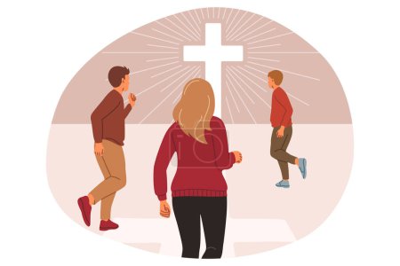 Illustration for Christian cross glowing in distance near running people wanting to become part of religious community. Christian crucifix emits sun rays attracting many followers and parishioners for church - Royalty Free Image