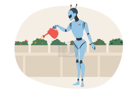 Illustration for Robot waters plants in garden, helping people monitor flowers and bushes growing in greenhouse or hothouse. Automation concept for gardening and greenhouses to increase industry productivity - Royalty Free Image
