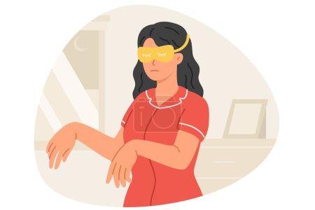 Illustration for Sleepwalking woman with sleep mask, stands in room with arms forward and moves around in sleep. Sleepwalking girl in pajamas suffers from mental disorder that causes uncontrolled movements at night - Royalty Free Image