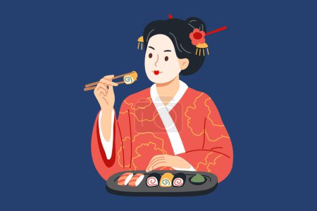 Femme japonaise mange des sushis avec des baguettes, appréciant le goût des rouleaux de maki orientaux fabriqués à partir de riz et de poisson. Fille en kimono mange plat traditionnel de sushi qui permet de rester en bonne santé et belle