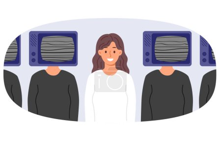 Illustration for Woman stands among people with TV instead of head and smiles, rejoicing in inability to respond to propaganda from mass media. Cheerful girl in white t-shirt refused to watch TV show - Royalty Free Image