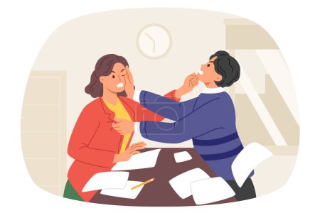 Fight two colleagues in workplace, due to unfair pay or dispute over vacant position. Man and woman office employees fight while doing paperwork and figuring out who is boss in team