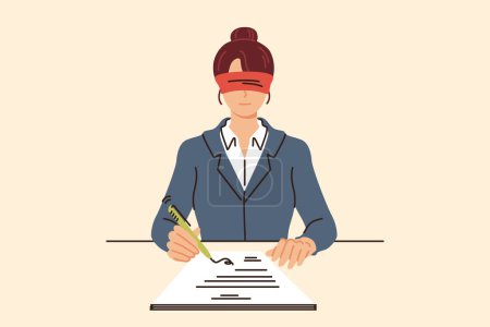 Business woman signs contract without looking, out of complete trust in partner, sitting in office blindfolded. Blind submission of nda contract is caused by importance of avoiding information leakage