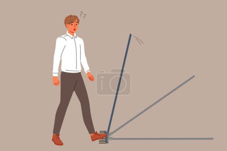 Business man steps on rake, risking injury, for concept of bankruptcy due to mistake. Stupid guy makes mistake, needing to improve intellectual and professional knowledge of problem solving