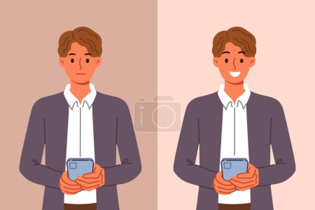 Business man with mobile phone feels happy or sad after using application or receiving message from bank. Different user experience when testing new phone model with non-standard functions