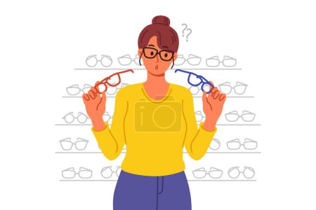 Mujer compra gafas en tienda con gran variedad de lentes y monturas y elige una de dos opciones. Muchacha está cerca de vitrina con gafas en la tienda oftálmica, lo que permite resolver problemas de visión.