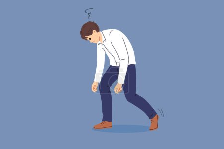Illustration for Tired man bends over and closes eyes due to exhaustion caused by overwork and overload. Business guy feels drowsy and exhaustion after completing difficult job on behalf of manager. - Royalty Free Image