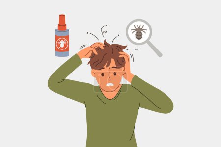 Man with lice in hair experiences discomfort and itching due to parasites, needs medical treatment. Guy with dissatisfied grimace became infected with lice because of non-compliance with hygiene rules