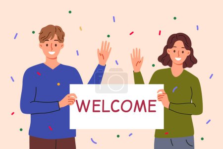 Welcome banner in hands man and woman waving hand in greeting and inviting guests to festival. Cheerful couple shows inscription welcome, standing among falling candy during housewarming party