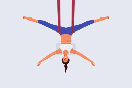 Illustration for Woman practices aerial yoga, doing suspended stretching exercises to improve body health and flexibility. Aerial yoga trainer girl recommends enrolling in pilates or aerobics courses - Royalty Free Image