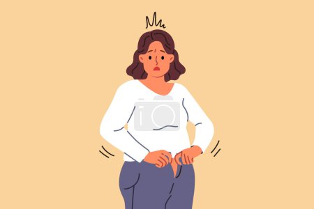 Overweight woman cannot fit into old jeans due to excess weight caused by overeating and sedentary lifestyle. Problem of excess weight surprises girl who needs to follow diet or exercise