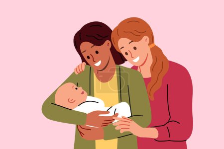 Lesbian couple of two women adopted baby, thanks to new law legalizing LGBT marriages. Happy lesbian girls experience instinct of motherhood and want to have child in same-sex family