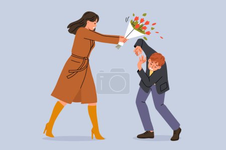 Illustration for Woman hits groom with bouquet because of betrayal and finding out fact of adultery. Conflict between man and angry girlfriend, reacting negatively to advances or gifts, after adultery - Royalty Free Image