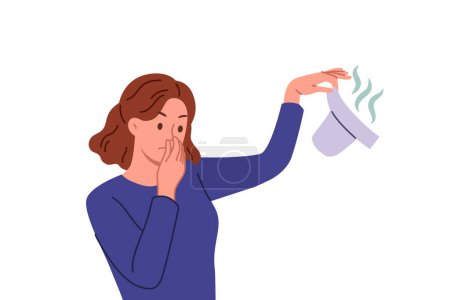 Illustration for Woman with smelly baby diaper in hand covers nose, feeling disgusting smell caring for child. Unhappy mother changes son or daughter diaper, feeling disgusted and tired of motherhood - Royalty Free Image