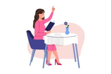Illustration for Woman restaurant visitor raises hand to call waiter and place order, sits at table and holds menu. Girl guest at elite restaurant enjoys cozy atmosphere and opportunity to eat gourmet cuisine. - Royalty Free Image