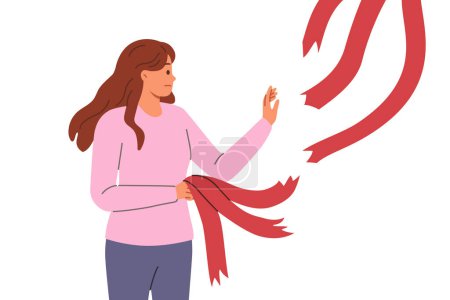 Illustration for Woman breaking old ties in form of ribbons hanging from above, for concept of ending relationship with toxic friends. Breaking ties to get rid of narratives that negatively affect career growth - Royalty Free Image