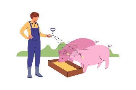 Farmer controla la granja de ganado inteligente por teléfono, de pie cerca de los cerdos con chips WiFi en las orejas. Tecnologías innovadoras en ganadería y agricultura gracias a sensores iot para la cría de lechones