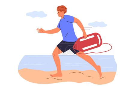 Man lifeguard runs along beach to save life of man in need of help is drowning in sea. Guy works as lifeguard at summer resort and hurries to provide first aid to people cannot swim.