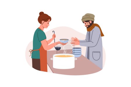 Illustration for Homeless man receives food from female volunteer from shelter for poor people who are unemployed. Girl volunteers at charity that provides lunch to homeless people with nutrition vouchers. - Royalty Free Image