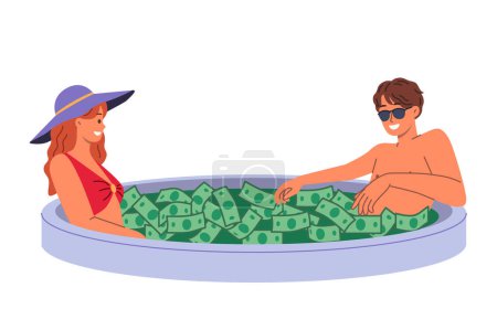 La pareja rica nada en la piscina llena de dinero, disfrutando de lujo de altos rendimientos de inversión. Hombre rico trata de encantar a la mujer jactándose de las grandes ganancias de los negocios o el salario de la corporación