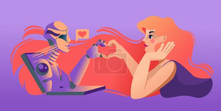 Mujer del amor y robot que se inclina fuera de la computadora portátil, y juntos haciendo corazón de dedo. Chica experimenta relación romántica y el amor por el chat bot con inteligencia artificial después de trabajar juntos