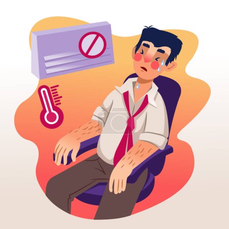 Man suffers from broken air conditioner on hot summer day and sweats sitting in office chair. Exhausted businessman returned from street received sunstroke and regrets lack of conditioner