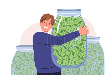 Illustration for Rich man hugs jar of money, rejoicing at accumulation in pension account and dividends receives. Rich guy became money millionaire thanks to financial literacy and presence of investment consultant - Royalty Free Image