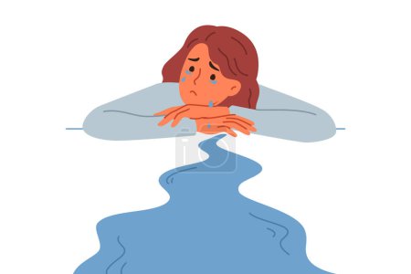 Woman cries, experiencing stress and apathy after breaking up with boyfriend, lying on desk, near puddle of tears. Depressed girl cries and needs psychological support after losing position in company