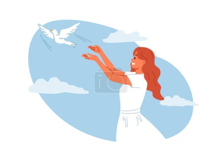 Woman launches dove into sky, symbolizing peace and harmony or hope for better future for people. Dove bird takes off from hands of religious girl, experiencing joy in communicating with animal world