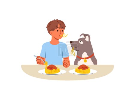 Ilustración de El niño y el perro comen espaguetis sentados en la mesa, demostrando amistad y confianza. El niño vive en armonía con el perro, enseñando al cachorro a aceptar comida del plato y disfrutando de la comunicación con su mascota - Imagen libre de derechos