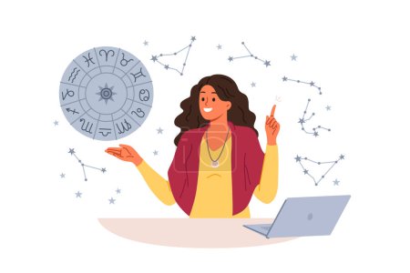 Woman astrologer tells fortunes by horoscope and predicts future by stars, standing near table with laptop. Girl astrologer points up, offering to read gorsk, standing near wheel with zodiac signs