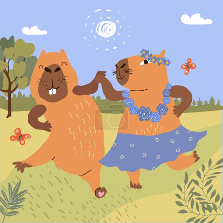 Téléchargez les illustrations : Deux copybaras dansent en l'honneur des vacances le 10 juillet, profitant d'un beau temps ensoleillé. Copybaras mâles et femelles passent du temps sur la pelouse verte avec des papillons volant au-dessus du sol dans un climat tropical - en licence libre de droit