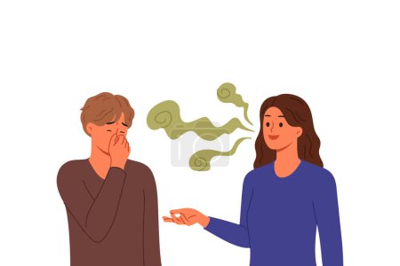 Stinky breath woman with bad teeth or caries irritates guy covering nose and making dissatisfied grimace. Stinky breath problem in person who does not follow hygiene rules and avoids visiting dentist