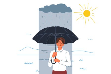 Illustration for Failure and misfire haunt man standing with umbrella in rain, located in sunny area. Failure negatively affect mood of guy in business clothes, upset due to lack of luck and fortune. - Royalty Free Image