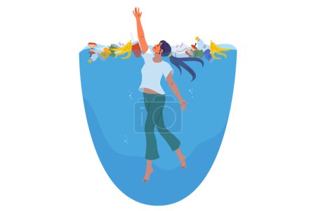La mujer flota en el agua entre una pila de basura, sufriendo debido a la contaminación del océano que causa perturbación en el ecosistema. La contaminación del océano necesita ser fijada para combatir el cambio climático y los animales envenenados con microplásticos
