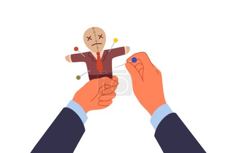 Illustration for Voodoo doll in hands of business man who uses black magic and pagan curses for unfair competition. Vindictive guy pierces voodoo doll with needles, wanting to make enemy or competitor suffer - Royalty Free Image