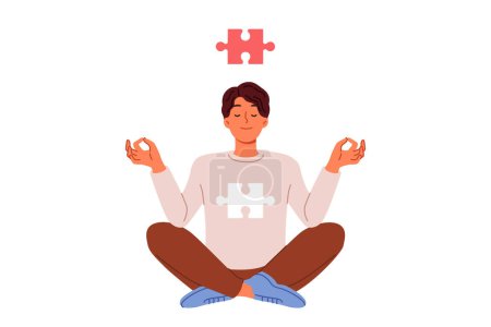 Man meditates sitting in lotus position and feels synchronization of soul in form of puzzle and cosmos thanks to yoga. Guy is interested in zen buddhism and meditation to achieve mental harmony